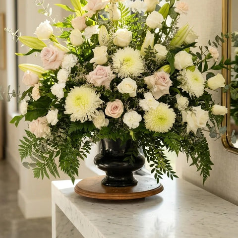 White & Pale Pink Sympathy Arrangement - alternate view