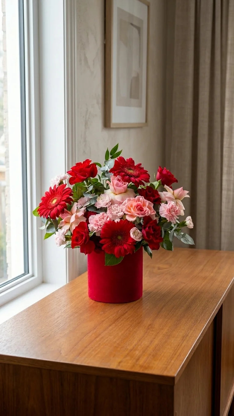 Red velvet hat box flower arrangement on a wooden surface by a window — same-day delivery across Newmarket and Aurora ON