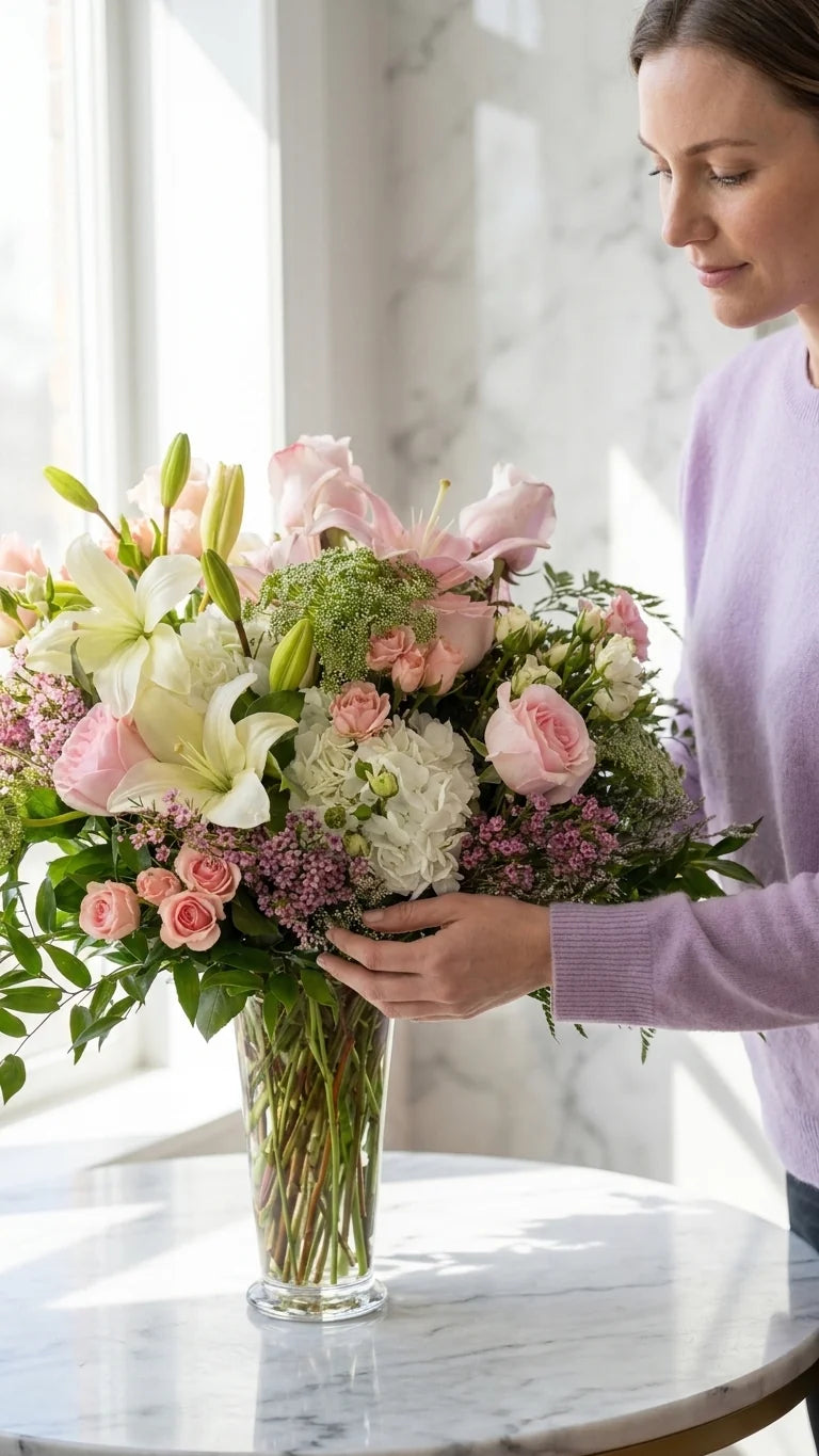 Blush Garden Vase with pink roses, pale lilies and white hydrangea from Florent Floral in Newmarket