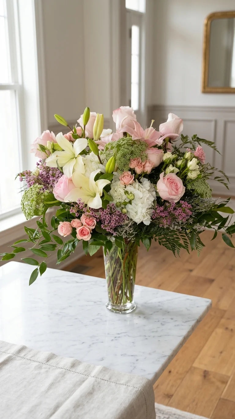 Pink and white birthday flower arrangement in a clear glass vase for Newmarket delivery