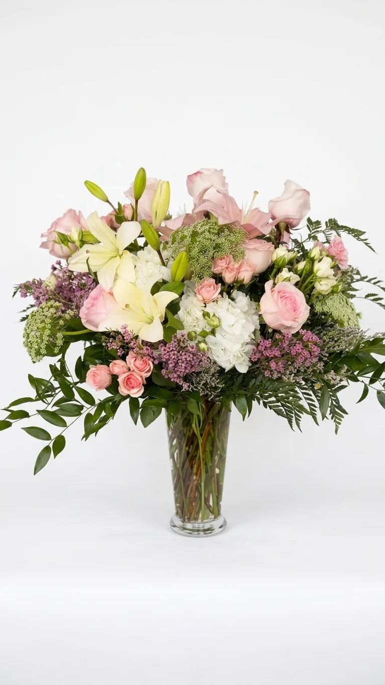 Blush garden-style vase arrangement with roses, lilies, hydrangea and seasonal greenery