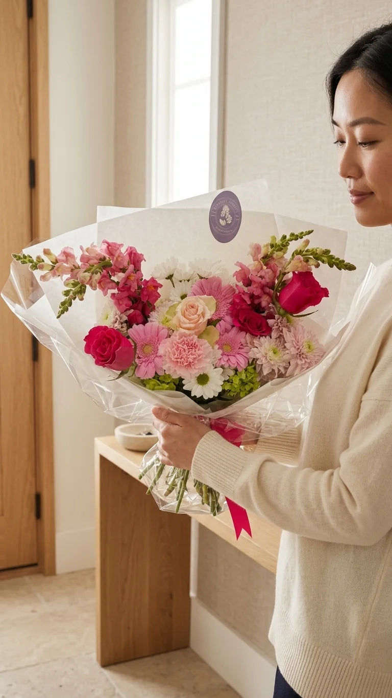 Detail view of blush rose bouquet with pink roses, blush carnations or ranunculus-style blooms, white daisies, pink filler, and airy greenery