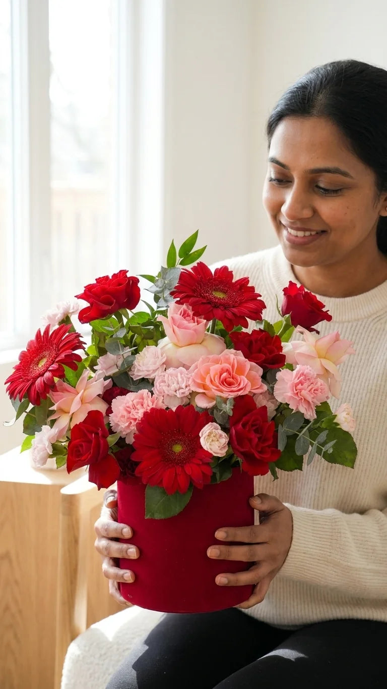 Woman holding red velvet bloom box with gerberas and roses — Florent Floral premium flower delivery Newmarket ON