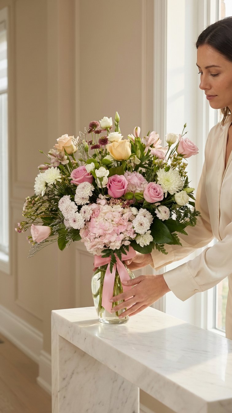 Large pink and white flower arrangement in jordan vase held by woman - same-day delivery Newmarket Ontario