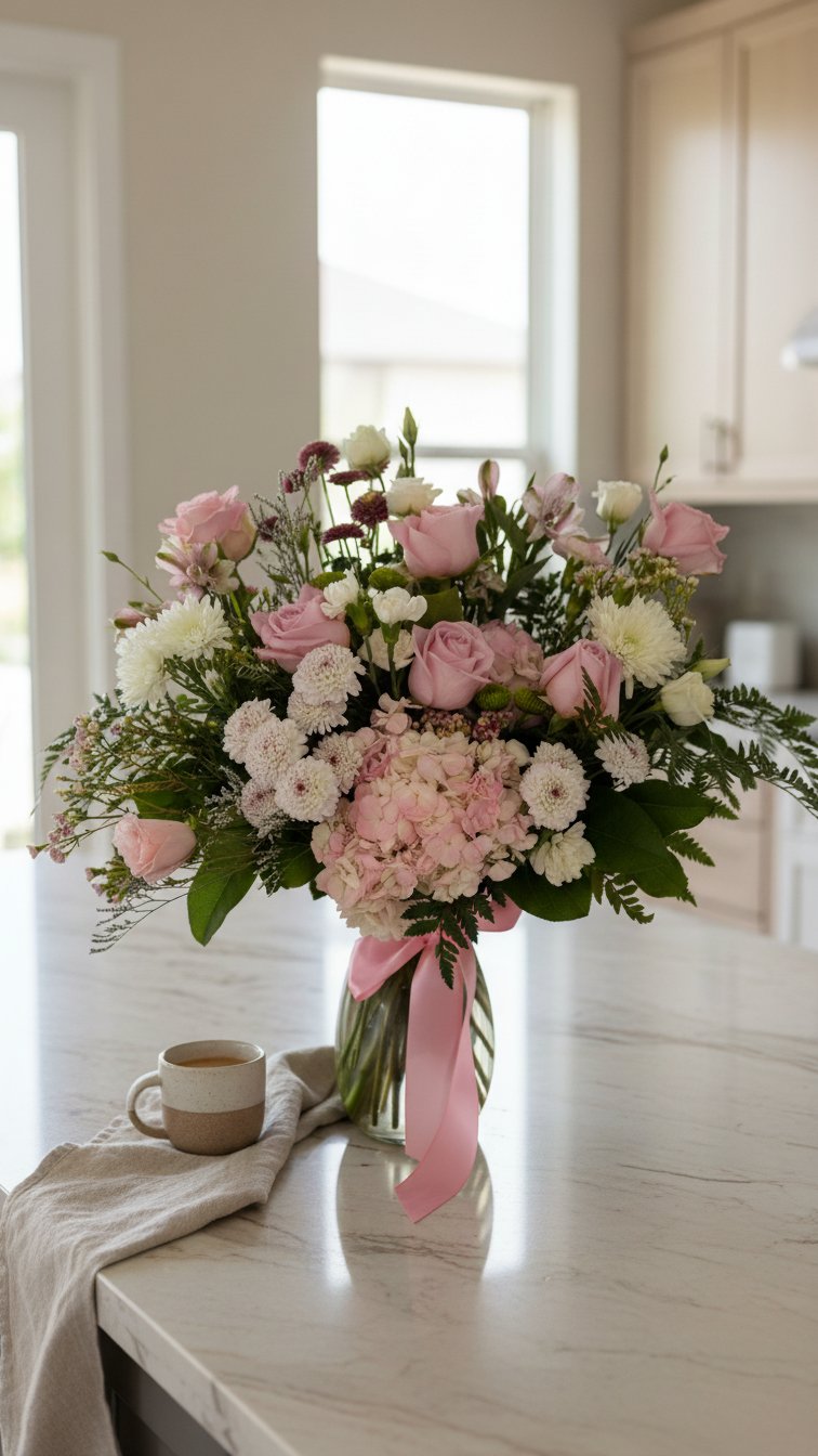Tall statement arrangement featuring blush roses peach roses and white chrysanthemums by Florent Floral