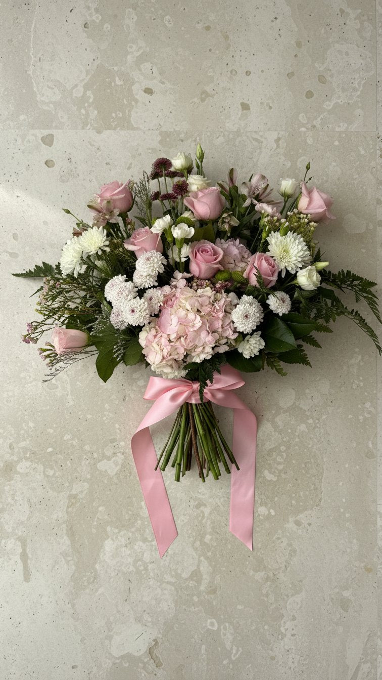 Close-up detail of Grand Blush Jordan Vase showing premium pink roses and fern greenery