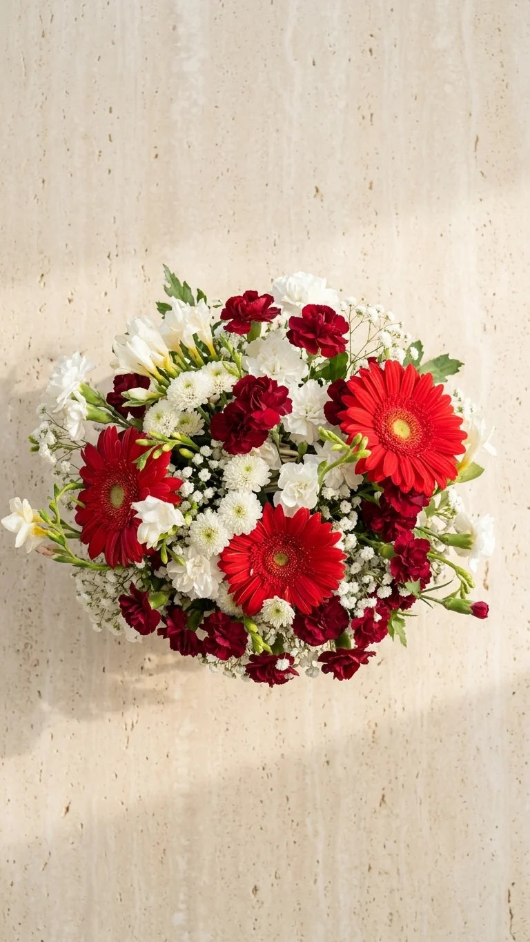 Top-down view of a red and white basket arrangement on a stone surface - Mother's Day flower delivery in Newmarket by Florent Floral