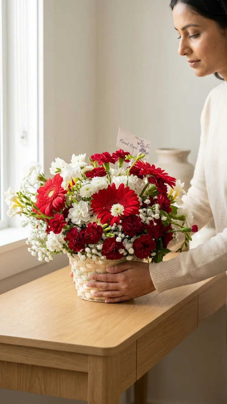 Woman holding a red gerbera and carnation wicker basket at a wooden table by a window - same-day Mother's Day flower delivery Newmarket and Aurora by Florent Floral