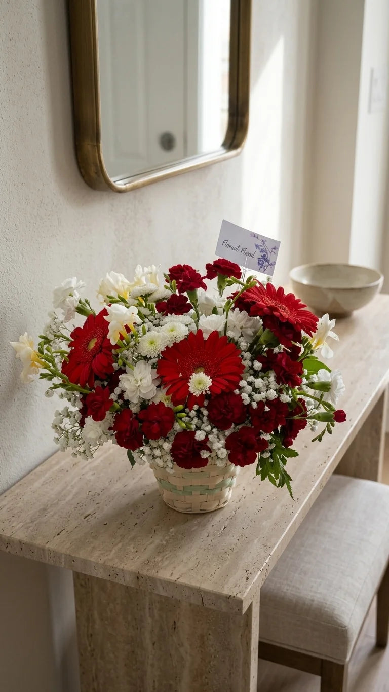 Red and white flower basket on a marble console with a gold mirror - Florent Floral same-day delivery across the GTA