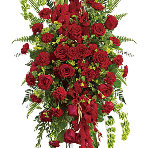 All Red Standing Spray, hand-arranged by Florent Floral for same-day sympathy flower delivery in Newmarket Ontario