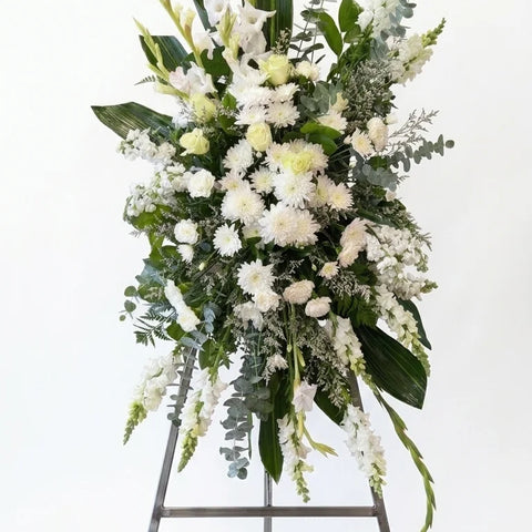All White Standing Spray viewed from another angle, sympathy delivery Newmarket Ontario