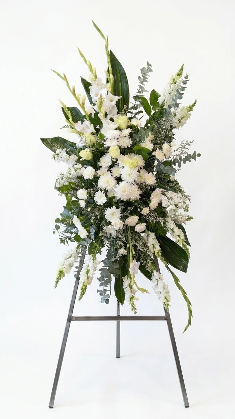 All White Standing Spray viewed from another angle, sympathy delivery Newmarket Ontario
