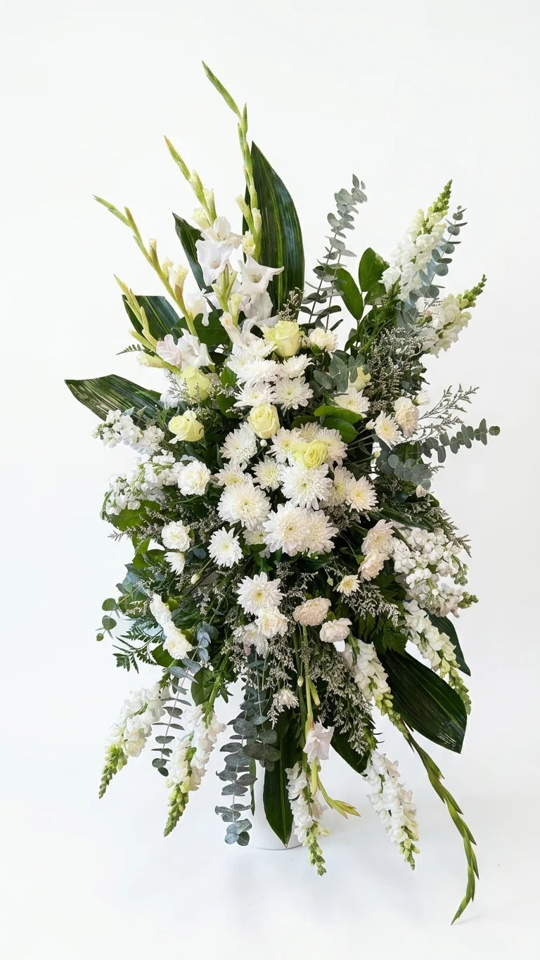 All White Standing Spray, hand-arranged by Florent Floral for same-day sympathy flower delivery in Newmarket Ontario