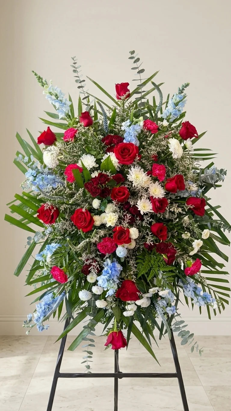 Blue & Red Standing Spray viewed from another angle, sympathy delivery Newmarket Ontario