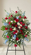 Blue & Red Standing Spray viewed from another angle, sympathy delivery Newmarket Ontario