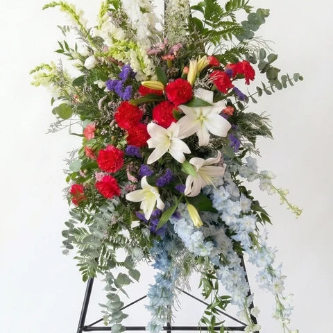 Blue & White Standing Spray viewed from another angle, sympathy delivery Newmarket Ontario