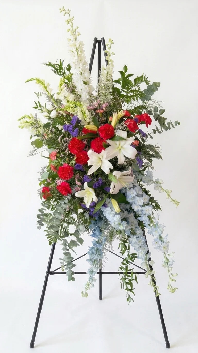 Blue & White Standing Spray viewed from another angle, sympathy delivery Newmarket Ontario
