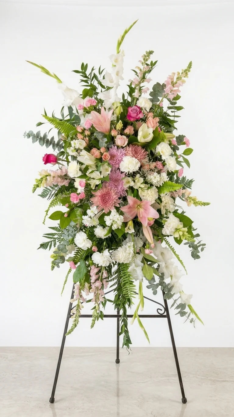 Green & Pink Standing Spray viewed from another angle, sympathy delivery Newmarket Ontario