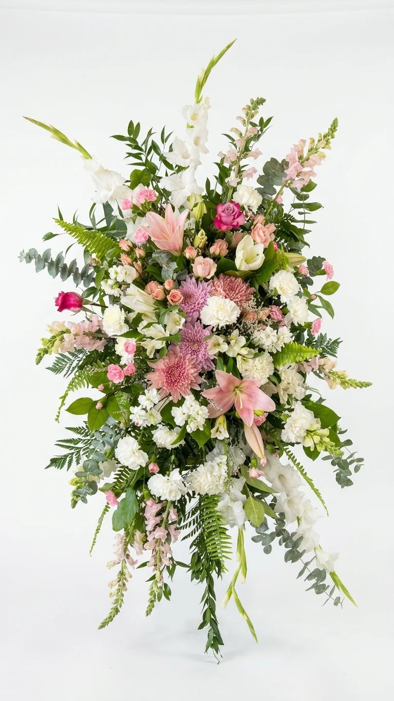 Green & Pink Standing Spray, hand-arranged by Florent Floral for same-day sympathy flower delivery in Newmarket Ontario