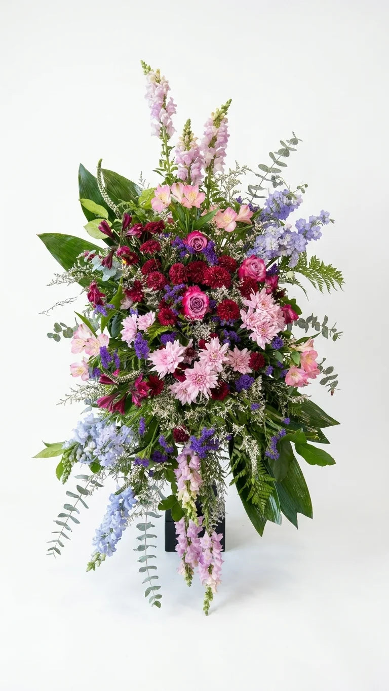 Pink & Lavender Standing Spray viewed from another angle, sympathy delivery Newmarket Ontario