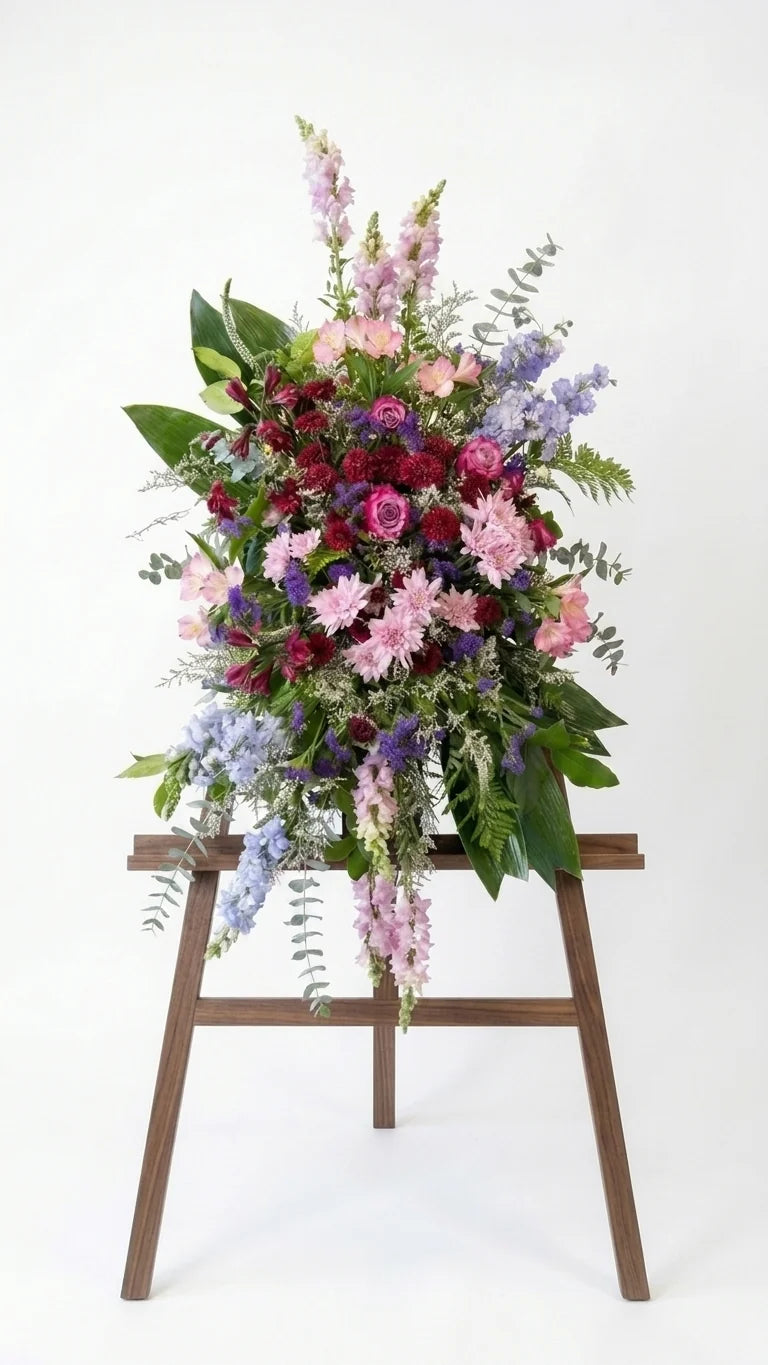 Pink & Lavender Standing Spray viewed from another angle, sympathy delivery Newmarket Ontario