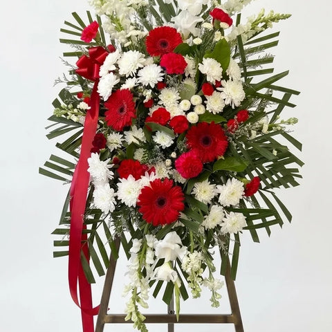 Red Gerbera Standing Spray viewed from another angle, sympathy delivery Newmarket Ontario