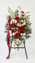 Red Gerbera Standing Spray viewed from another angle, sympathy delivery Newmarket Ontario