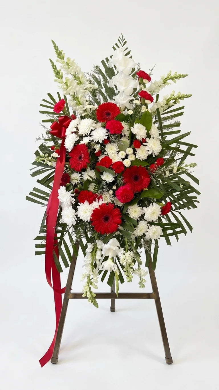 Red Gerbera Standing Spray viewed from another angle, sympathy delivery Newmarket Ontario