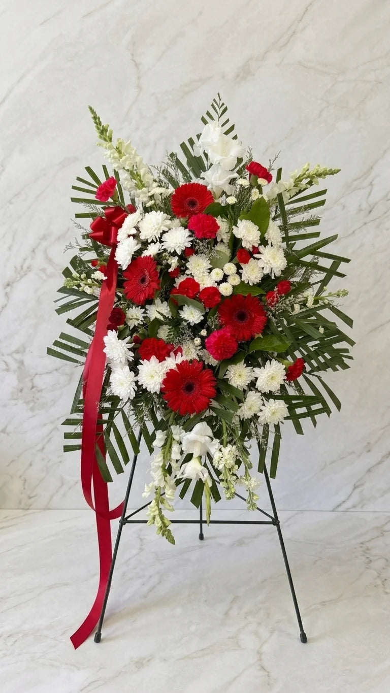 Red Gerbera Standing Spray, hand-arranged by Florent Floral for same-day sympathy flower delivery in Newmarket Ontario