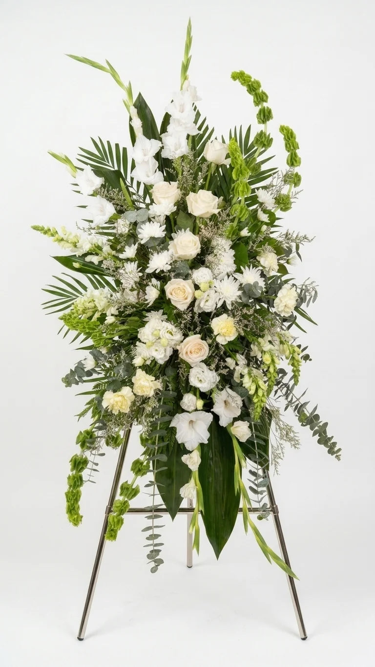 White Standing Spray, hand-arranged by Florent Floral for same-day sympathy flower delivery in Newmarket Ontario