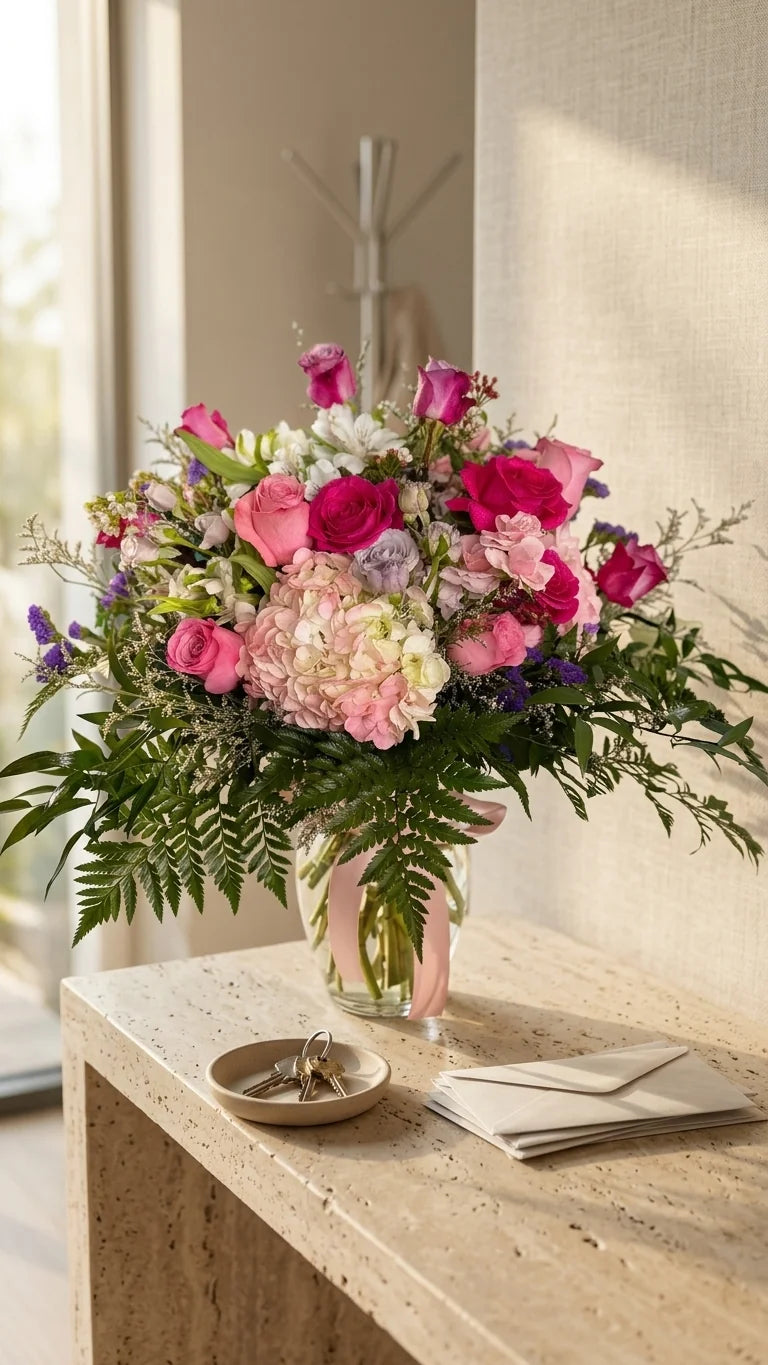 Fuchsia Rose Sympathy Arrangement viewed from another angle, sympathy delivery Newmarket Ontario