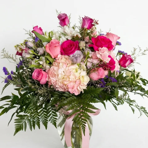 Fuchsia Rose Sympathy Arrangement viewed from another angle, sympathy delivery Newmarket Ontario