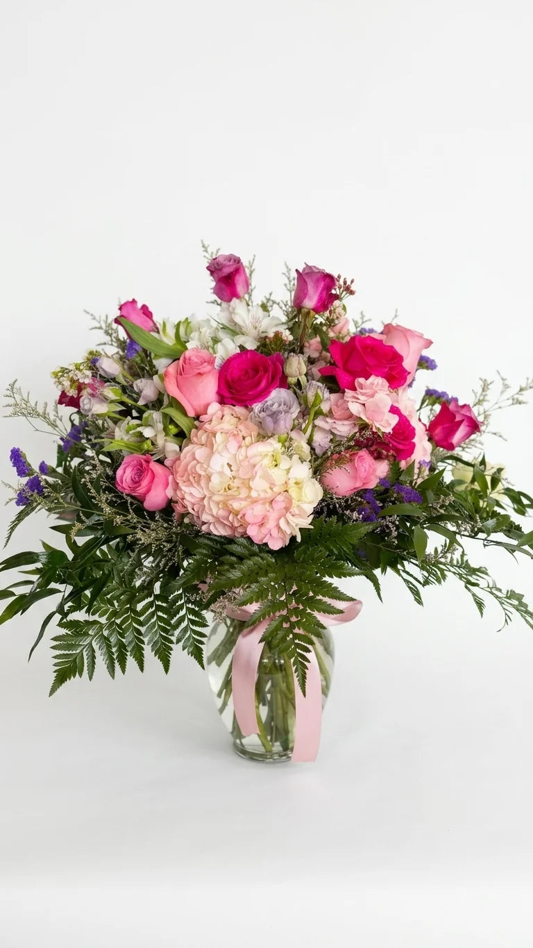Fuchsia Rose Sympathy Arrangement viewed from another angle, sympathy delivery Newmarket Ontario