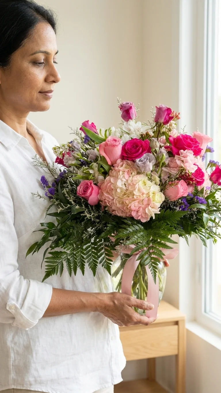 Fuchsia Rose Sympathy Arrangement, hand-arranged by Florent Floral for same-day sympathy flower delivery in Newmarket Ontario