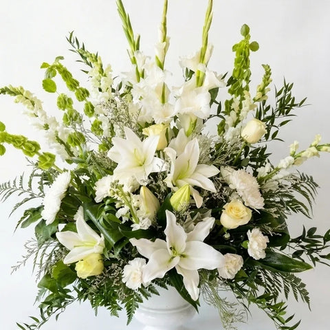 Large White Sympathy Arrangement viewed from another angle, sympathy delivery Newmarket Ontario