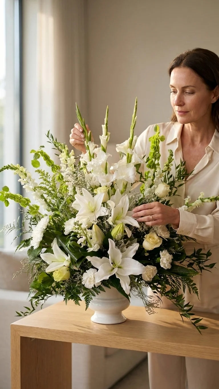 Large White Sympathy Arrangement viewed from another angle, sympathy delivery Newmarket Ontario