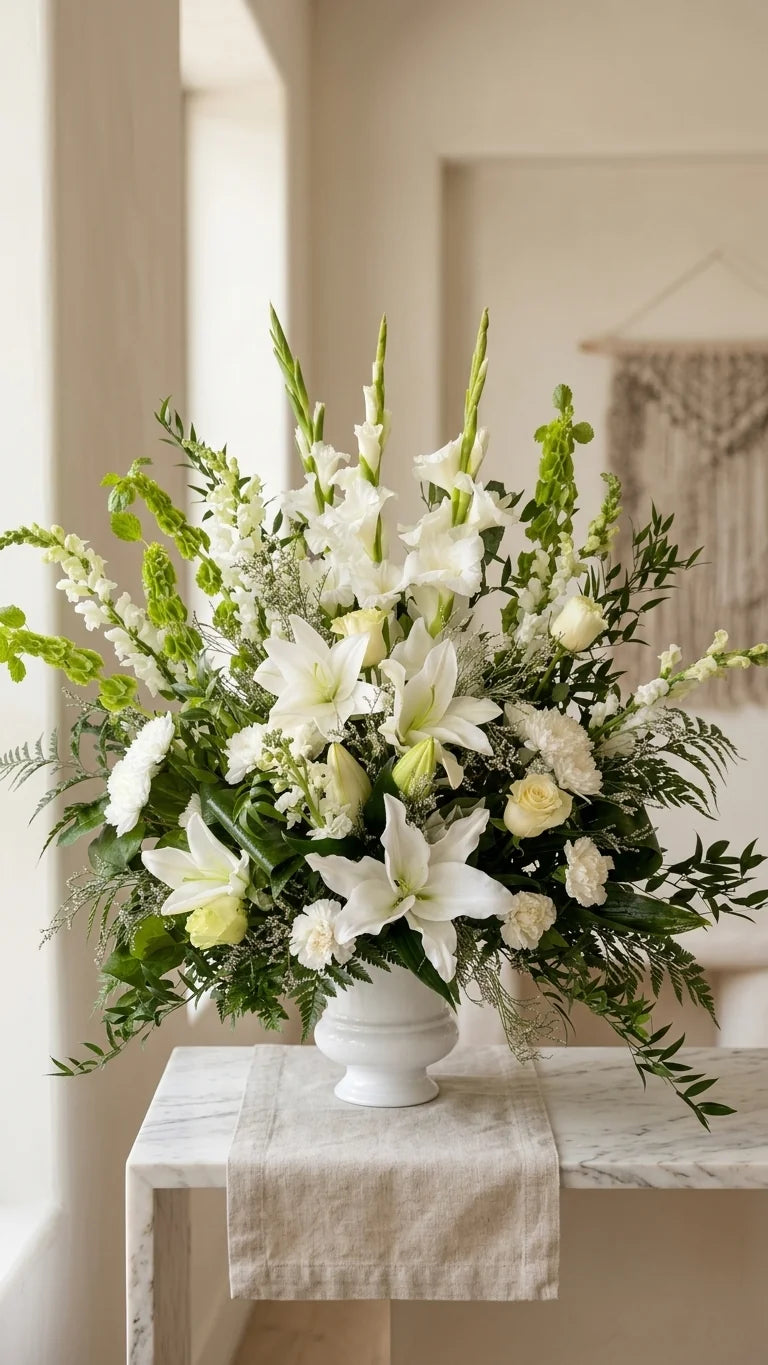 Large White Sympathy Arrangement, hand-arranged by Florent Floral for same-day sympathy flower delivery in Newmarket Ontario