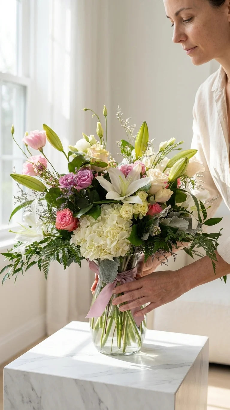 Lily Sympathy Arrangement viewed from another angle, sympathy delivery Newmarket Ontario