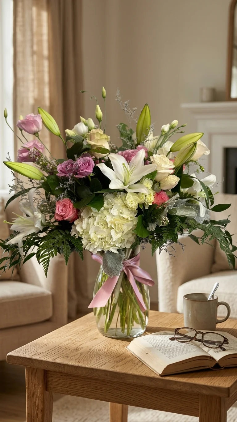 Lily Sympathy Arrangement viewed from another angle, sympathy delivery Newmarket Ontario