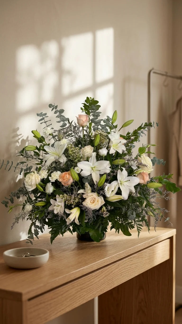 Mixed Pastel Tribute Arrangement viewed from another angle, sympathy delivery Newmarket Ontario