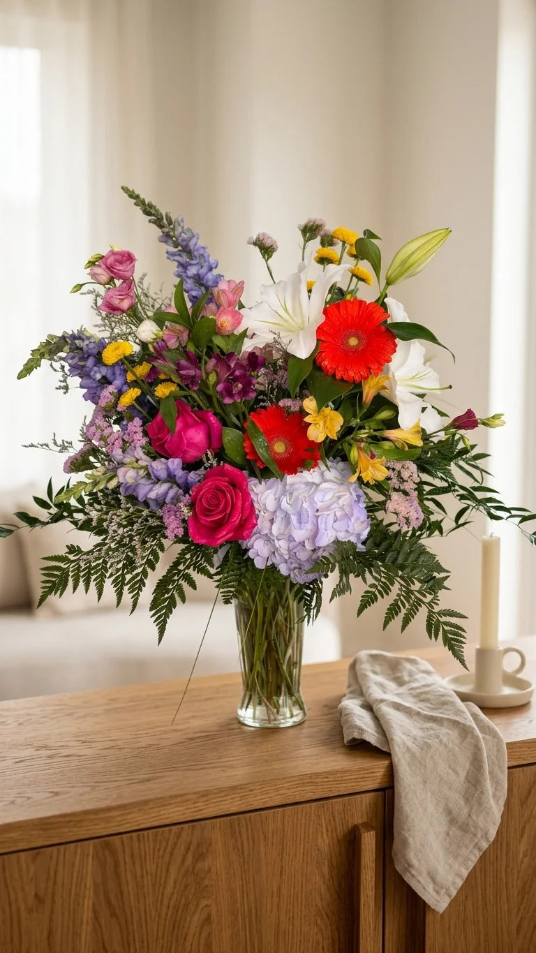 Rainbow Colour Sympathy Arrangement viewed from another angle, sympathy delivery Newmarket Ontario