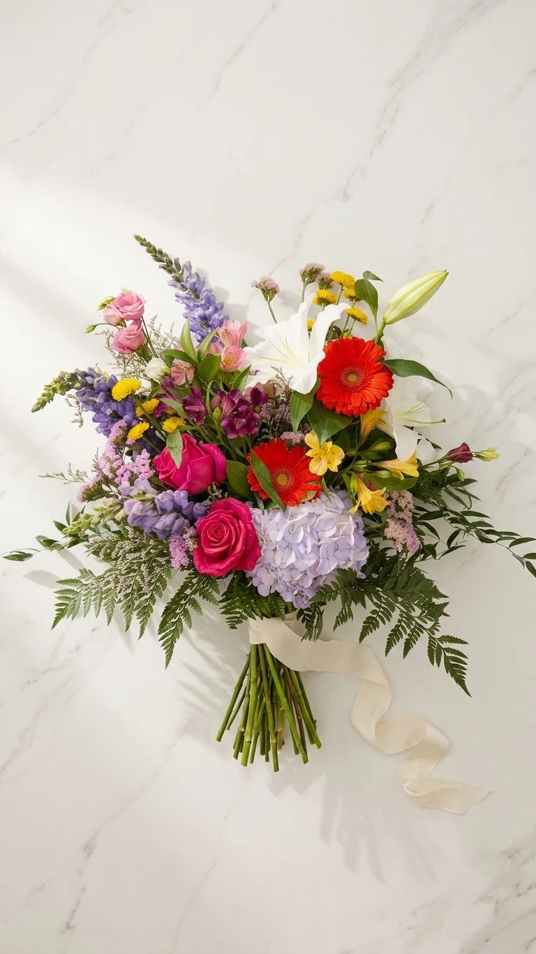 Rainbow Colour Sympathy Arrangement viewed from another angle, sympathy delivery Newmarket Ontario