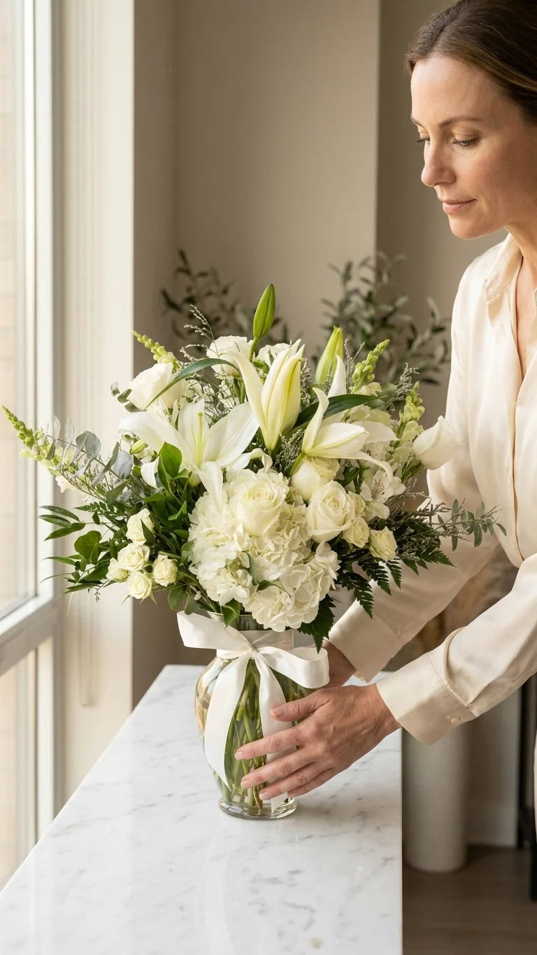 White Lily Tribute Arrangement viewed from another angle, sympathy delivery Newmarket Ontario