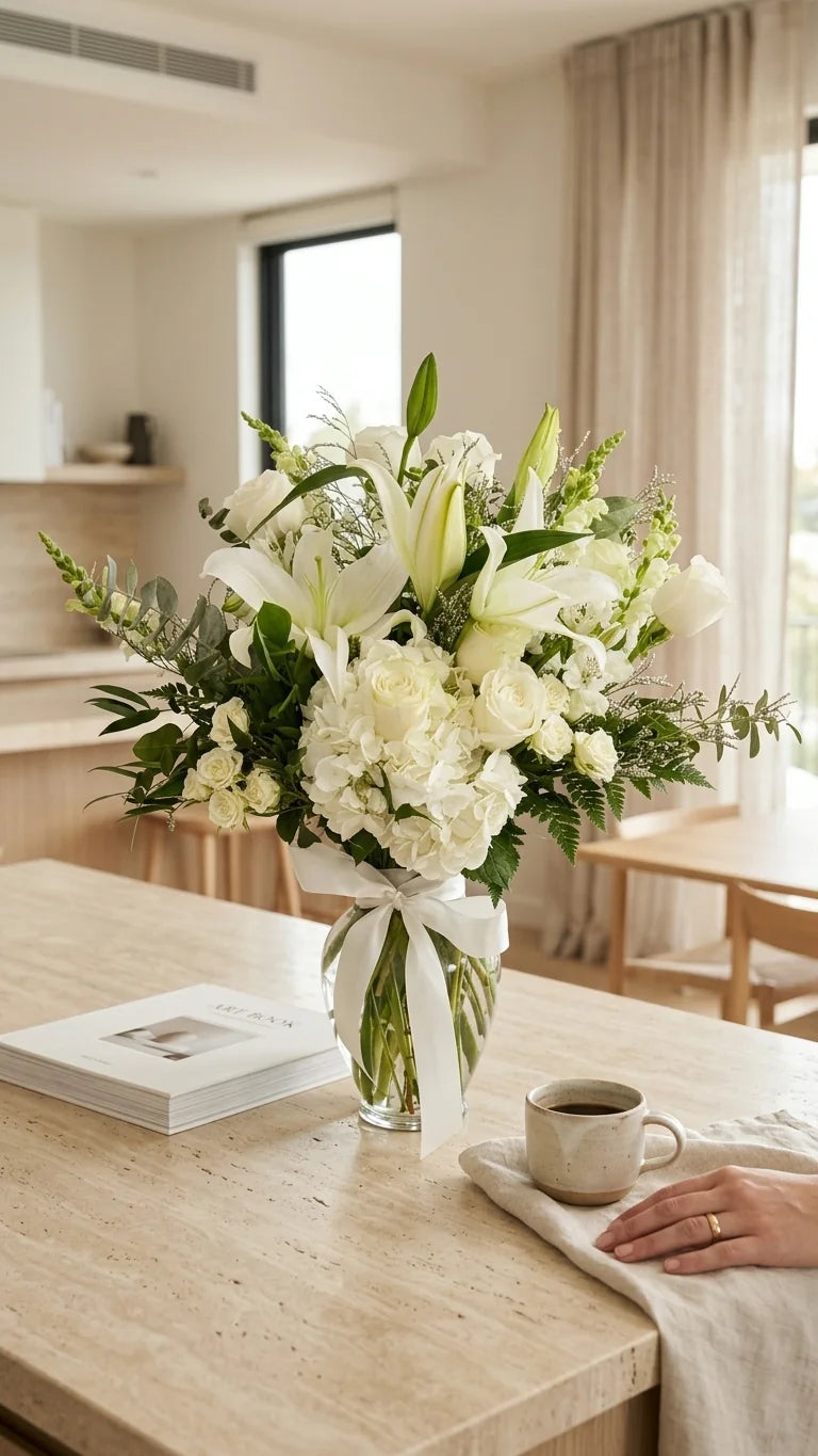 White Lily Tribute Arrangement viewed from another angle, sympathy delivery Newmarket Ontario