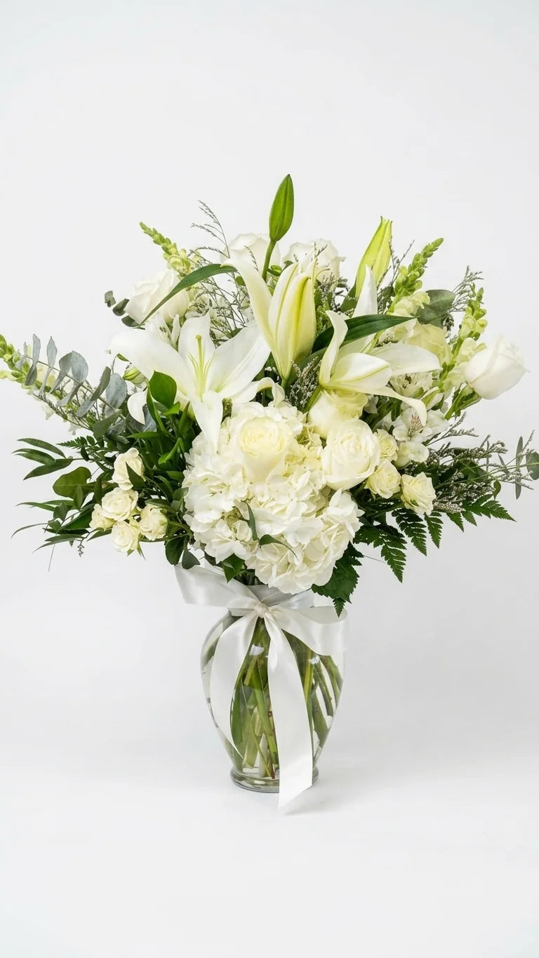White Lily Tribute Arrangement, hand-arranged by Florent Floral for same-day sympathy flower delivery in Newmarket Ontario