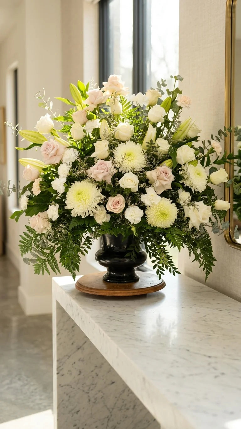 White & Pale Pink Sympathy Arrangement viewed from another angle, sympathy delivery Newmarket Ontario