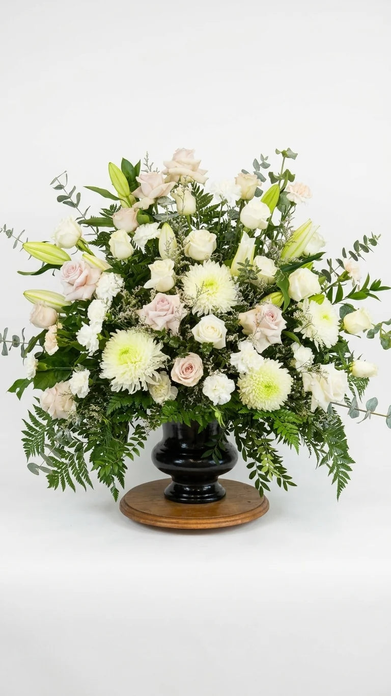 White & Pale Pink Sympathy Arrangement, hand-arranged by Florent Floral for same-day sympathy flower delivery in Newmarket Ontario