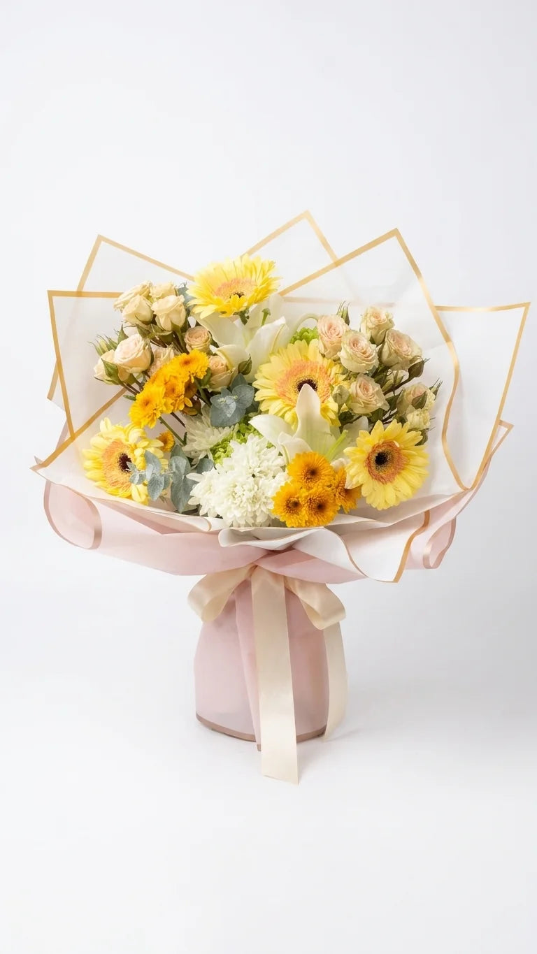 Yellow gerbera wrapped bouquet for birthday flower delivery in Newmarket Ontario